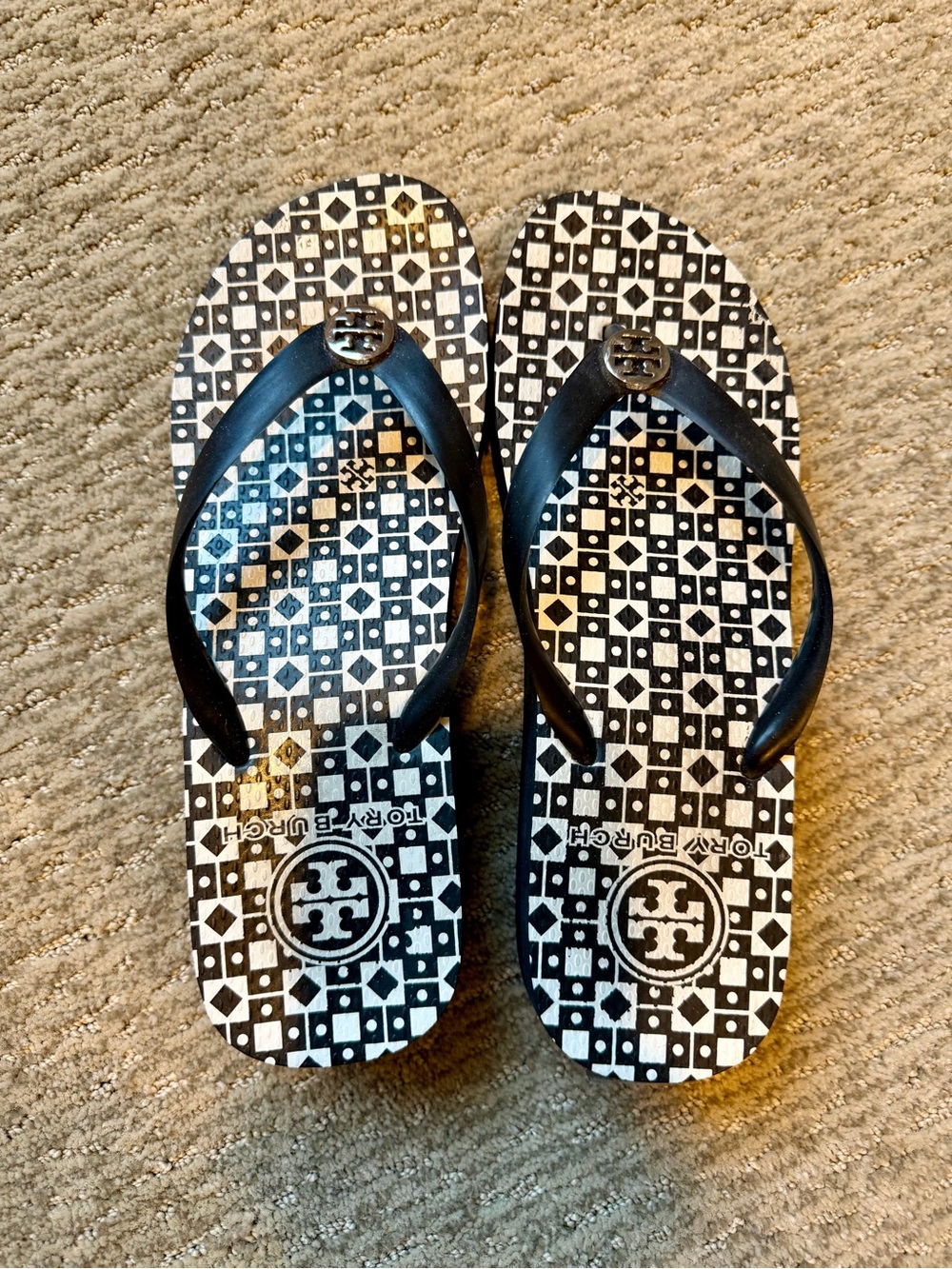 Tory Burch Black and White Geometric Logo Flip Flops